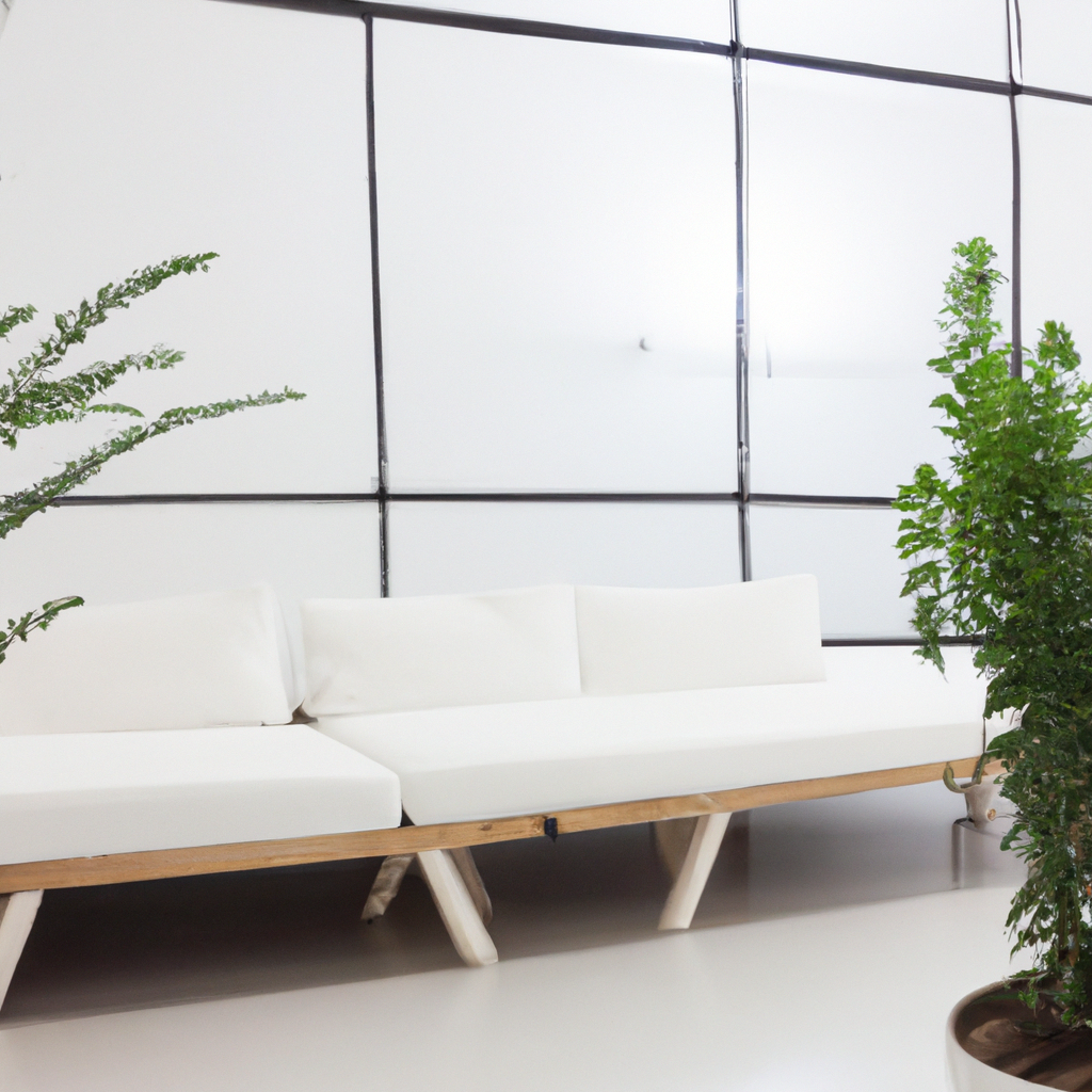 Lounge para clientes con sofá minimalista y plantas