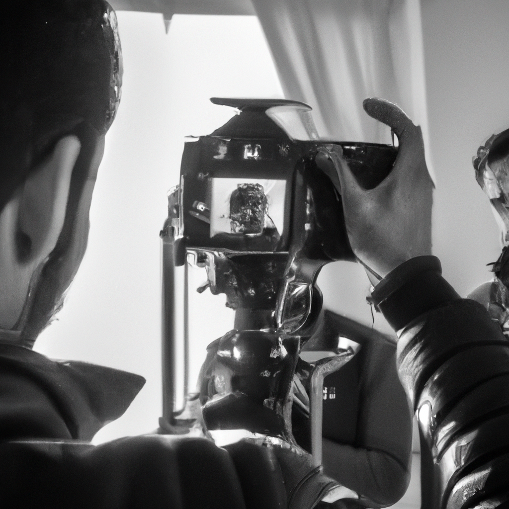 Equipo de AltFlow durante una sesión en blanco y negro con cámara, trípode y luz de ventana.