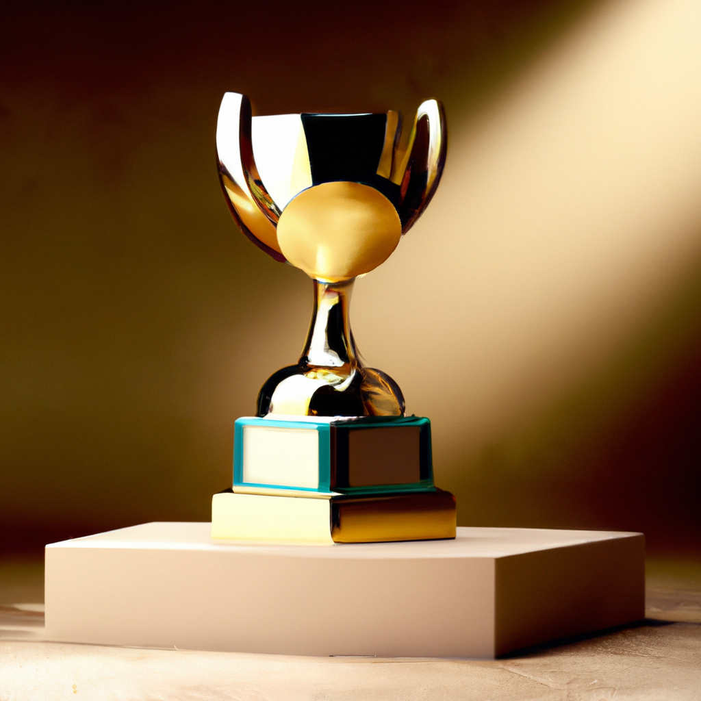 Trofeo minimalista de color dorado sobre pedestal de concreto.