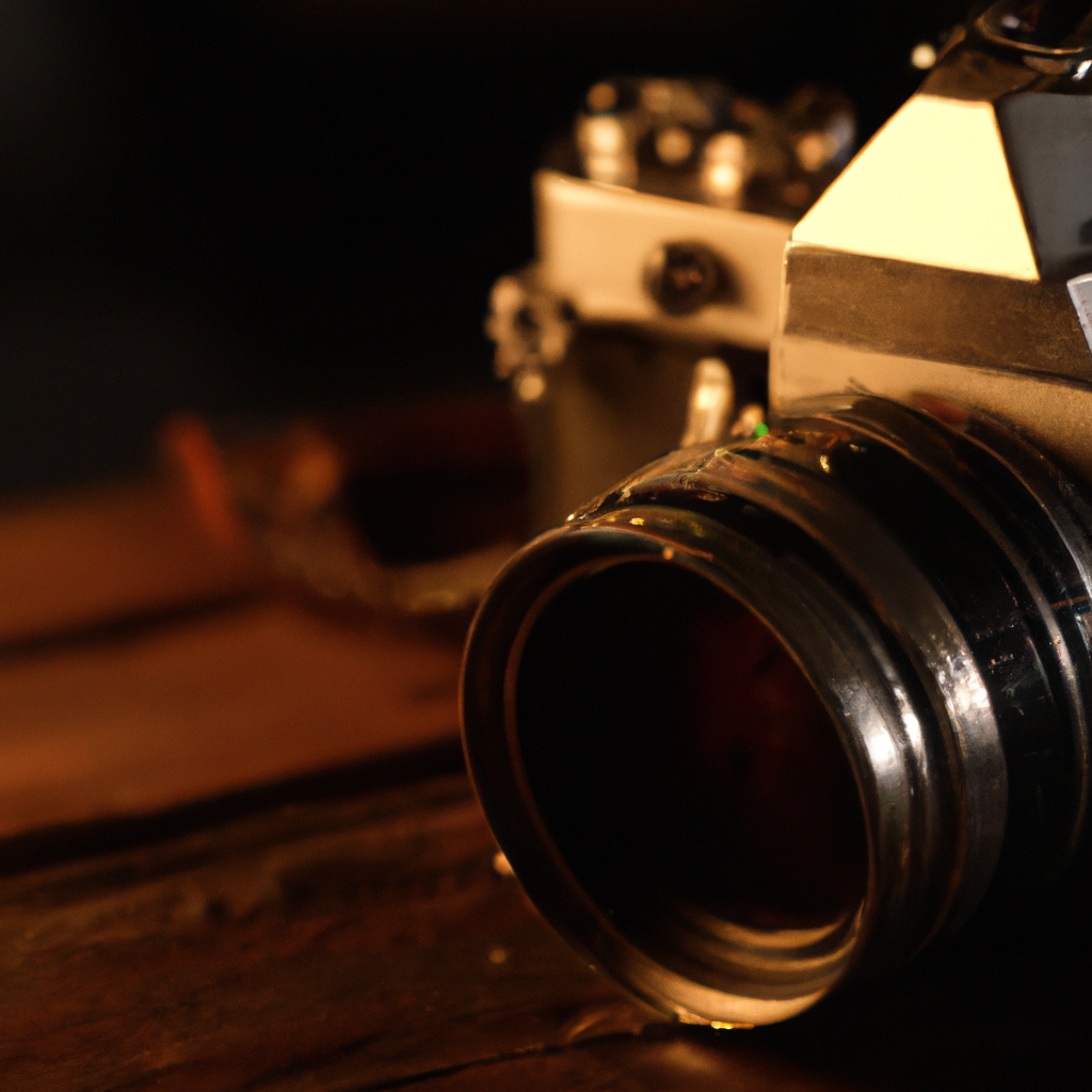 Cámara analógica vintage sobre mesa de madera.